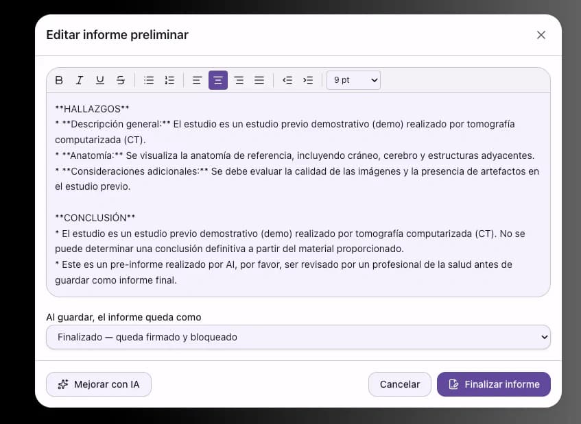 Editor del informe preliminar con el texto generado por la IA, la barra de formato y los botones Mejorar con IA y Finalizar informe.
