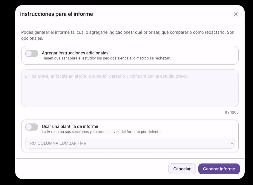 Diálogo Instrucciones para el informe con el interruptor de instrucciones adicionales, el campo de texto y el selector de plantilla de informe.