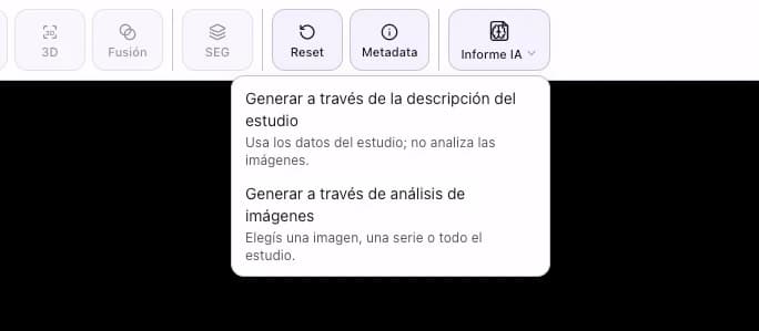 Barra de herramientas del visor con el menú Informe IA desplegado, mostrando las opciones de generar por descripción del estudio o por análisis de imágenes.