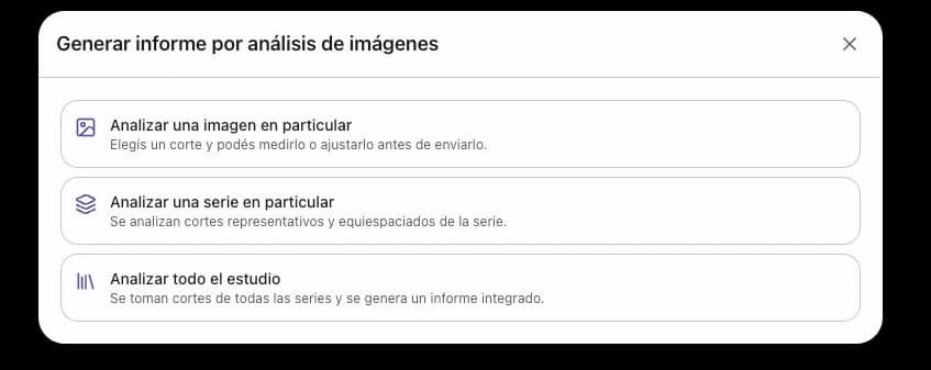 Diálogo Generar informe por análisis de imágenes con las tres opciones: analizar una imagen en particular, una serie en particular o todo el estudio.