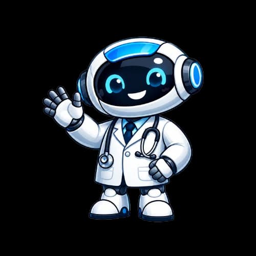 Medix, el avatar del asistente de IA de MEDIOVA: un robot con guardapolvo médico y estetoscopio saludando.