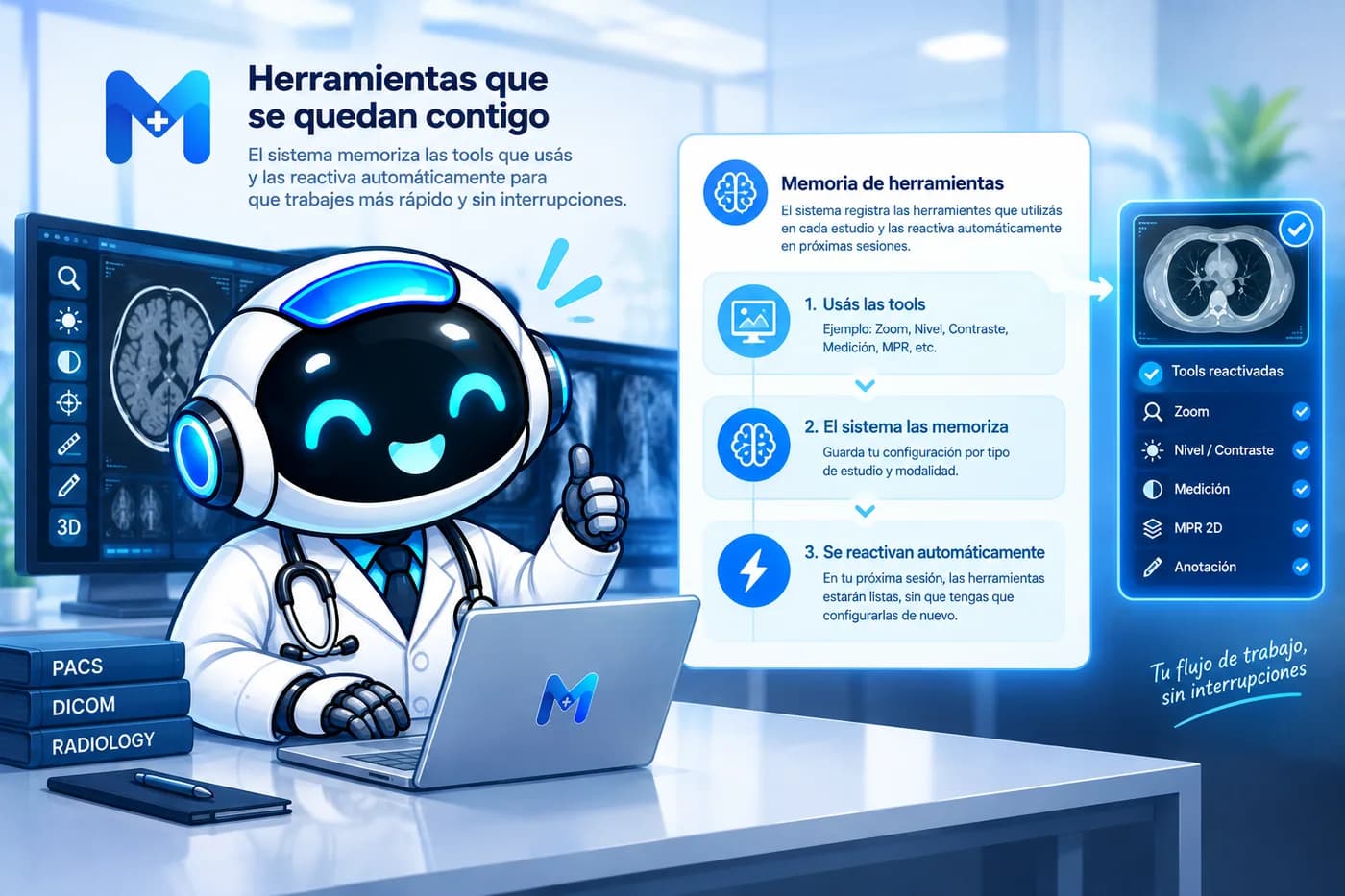 Ilustración de Medix explicando la memoria de herramientas del visor: el médico usa las tools, el sistema las memoriza y se reactivan automáticamente en la próxima sesión.