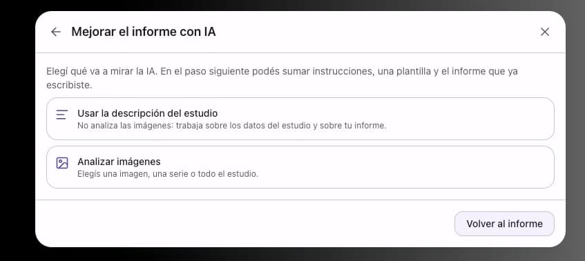 Diálogo Mejorar el informe con IA, con las opciones de usar la descripción del estudio o analizar imágenes.
