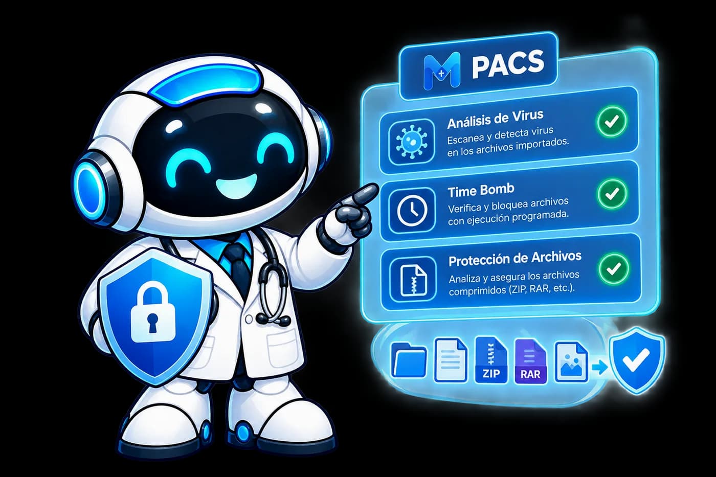 Ilustración de Medix con un escudo junto a un panel del PACS que lista análisis de virus, detección de time bomb y protección de archivos comprimidos ZIP y RAR, los tres verificados.